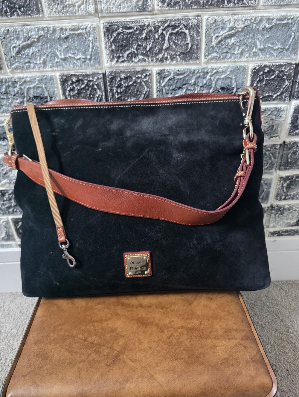 Vintage Rare Dooney & Bourke Black Suede Shoulder Bag with Brown Leather Strap
